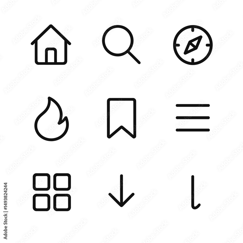 Poster essential navigation and utility silhouette icons set. simple and minimalist symbols
