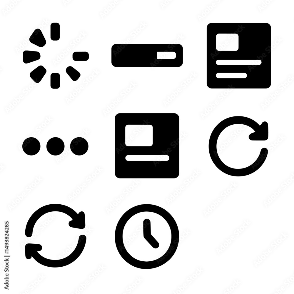 Poster loading and progress silhouette icons set. status and update symbols