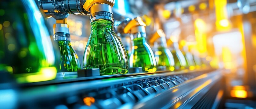 Automated bottling line with green glass bottles being filled with liquid - Powered by Adobe