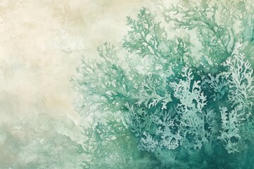 Abstract watercolor painting of teal and green leafy branches against a beige background.