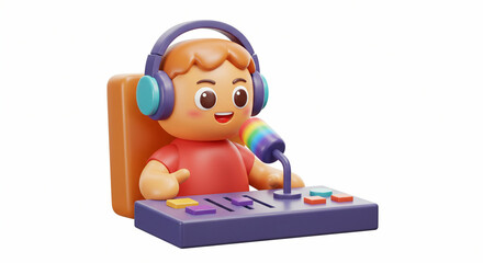 Cheerful caster with colorful microphone setup