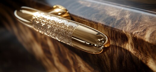 Gold drawer pull on brown wood