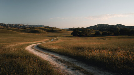 Fototapeta premium Scenic winding path through grassy hills at sunset in a tranquil landscape