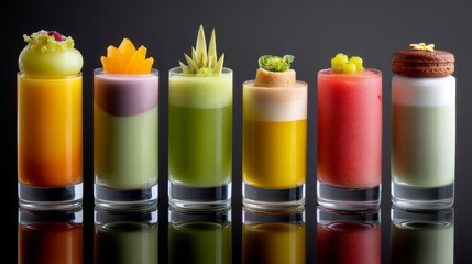 Vibrant shot glasses filled with colorful layered beverages and garnishes.