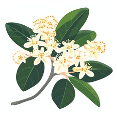 Botanical branch with white flowers and green leaves on white background