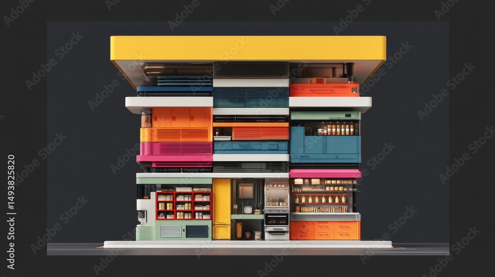 Poster vibrant, modern architecture showcasing colorful design elements and creative spaces.