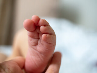 close-up of a small child's foot in the mother's hand. Family happiness and care concept