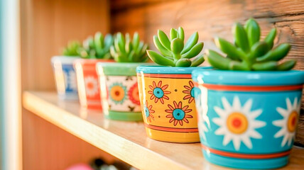 A close-up photograph of decorative ceramic plant pots arranged in a row on a wooden shelf.