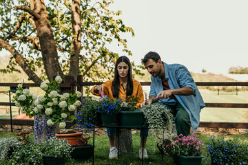 Couple enjoying gardening together in a scenic backyard
