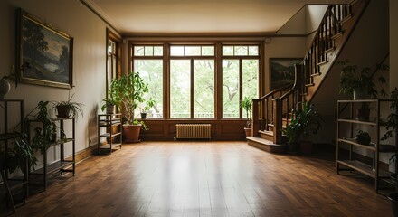 Obraz premium Empty modern office interior boasts new parquet floors, large windows offering an open view, and a spacious design within the building's architecture