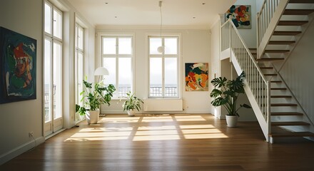 Fototapeta premium Empty modern office interior boasts new parquet floors, large windows offering an open view, and a spacious design within the building's architecture