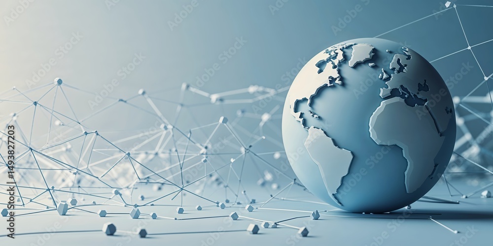 Poster digital globe depicting global connectivity with network lines and nodes representing communication 
