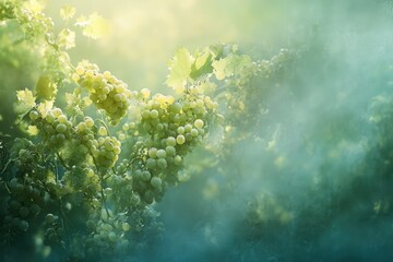 Fototapeta premium Sunlit green grapes hang heavy on a vine, glistening with morning dew, a picturesque vineyard scene.