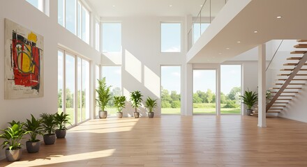 Fototapeta premium Empty modern office interior boasts new parquet floors, large windows offering an open view, and a spacious design within the building's architecture