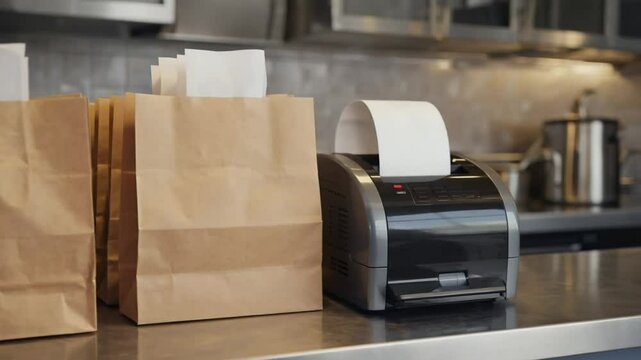 Brown paper bags and receipt printer