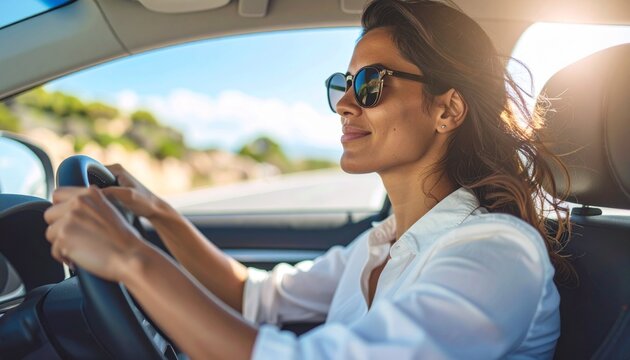 Mujer Conduciendo Coche Sonriendo en un D&iacute;a Soleado - Viaje, Carretera, Estilo de Vida


