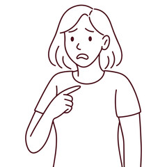 Black and white outline of a concerned woman pointing at herself with a confused facial expression, representing insecurity, doubt or introspection in minimal art style