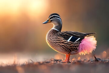 Fototapeta premium Duck with pink tutu at sunset