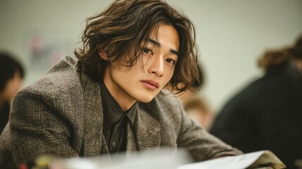 Focused Japanese high school student immersed in thought in a calm classroom setting