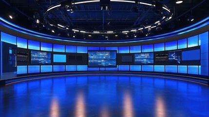 Modern Television Studio Set Design: Blue Lit Broadcast Room