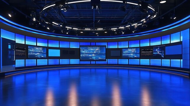 Modern Television Studio Set Design: Blue Lit Broadcast Room