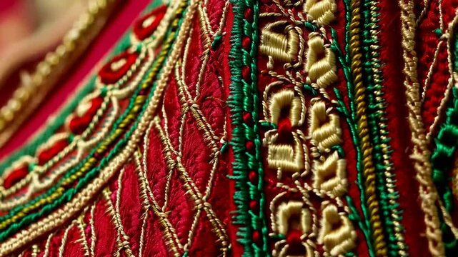 Close-up of elaborate red fabric adorned with gold and green thread embellishments, capturing the intricate details of traditional textile design.