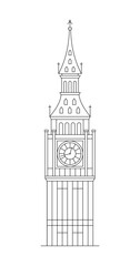 Big Ben tower (London, UK) isolated on white background. Vector linear illustration
