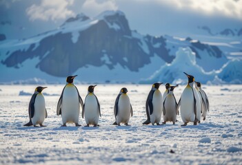 Emperor penguins standing in line on icy landscape with mountains in background