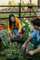 Couple gardening together, planting flowers in backyard garden