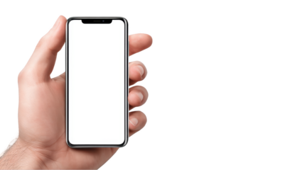 Hand Holding Smartphone With Blank White Screen Isolated on Transparent Background