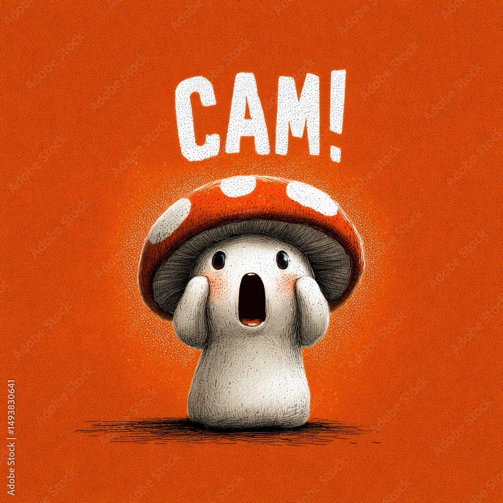 Poster surprised mushroom character expressing shock with wide eyes and open mouth in a vibrant setting