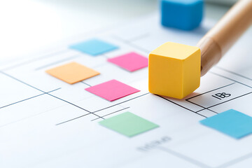 Planning with colorful sticky notes and building blocks on a grid. Concept: collaborative brainstorming, project management, process mapping, strategy development.