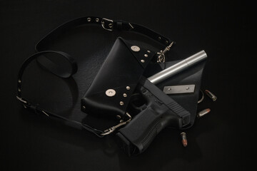 Women's Handbag Purse on Table Surface with Gun Fire Arm Ammo Bullets Make-up Mascara Self Defense Secret Agent, Film Noir