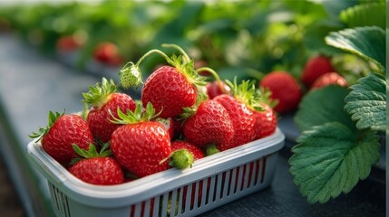 Ripening fresh strawberries nestled among green leaves inside a greenhouse.