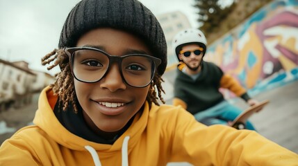 Close-up of a Black teenager and a Caucasian teenager skateboarding in an urban setting  