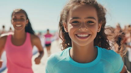 Young girl smiling while running with her mother in a 5k race  