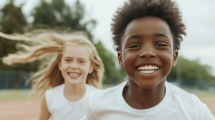 Close-up shot of Black boy and Caucasian girl running together in a sports competition  