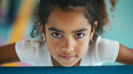 Young girl concentrating while practicing gymnastics on balance beam  