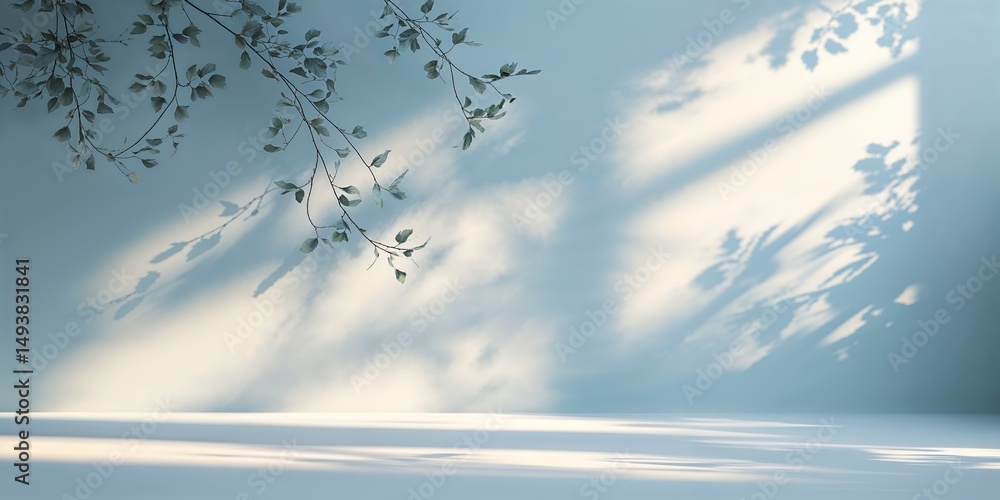 Poster sunlight filtering through leaves casts delicate shadows on a serene wall creating a calming atmosph