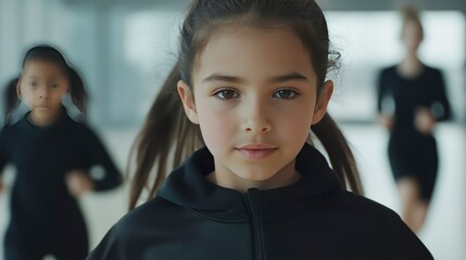 Young girl focused while running in gym class with classmates  
