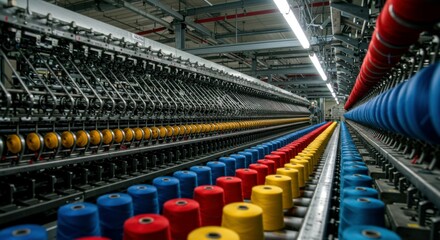 Fototapeta premium Conveyor transports vibrant thread spools through a bustling textile manufacturing workshop.