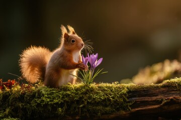 Red squirrel lovingly presents a purple crocus on a mossy log in golden light