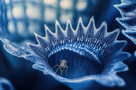A tiny insect stands on the edge of a vibrant blue carnivorous plant, a captivating scene of nature's intricate beauty.