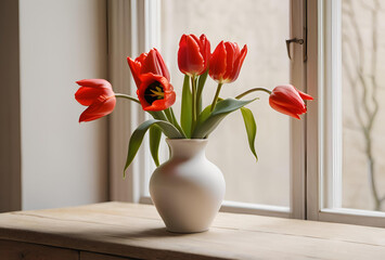 bouquet of red tulips in a vase