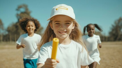 Medium shot of children participating in a relay race during sports day  
