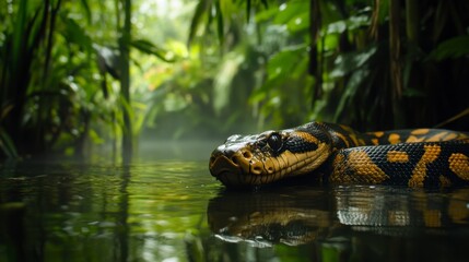 A large yellow and black snake rests in a calm jungle stream, its reflection visible in the water.