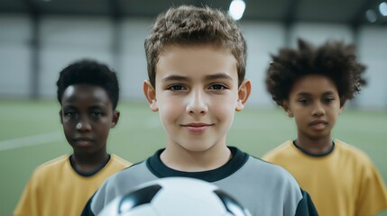 Three boys practicing soccer drills in gym class, concept of sport  