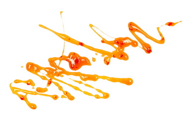 Habanero sauce, spicy hot splashes isolated on white background, puree texture, clipping	