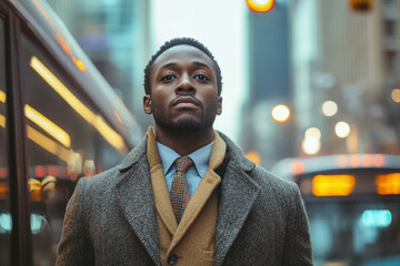 Man in coat and tie standing in front of a bus.