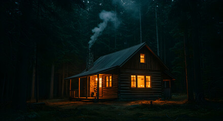 Cozy Cabin In The Woods With Illuminated Windows At Night
